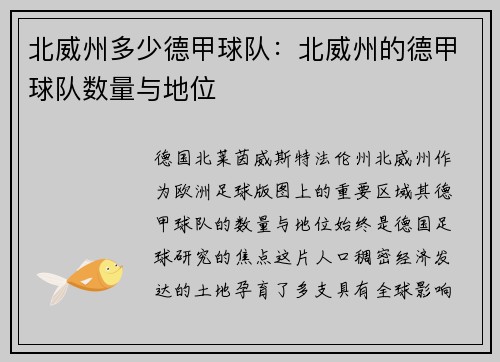 北威州多少德甲球队：北威州的德甲球队数量与地位